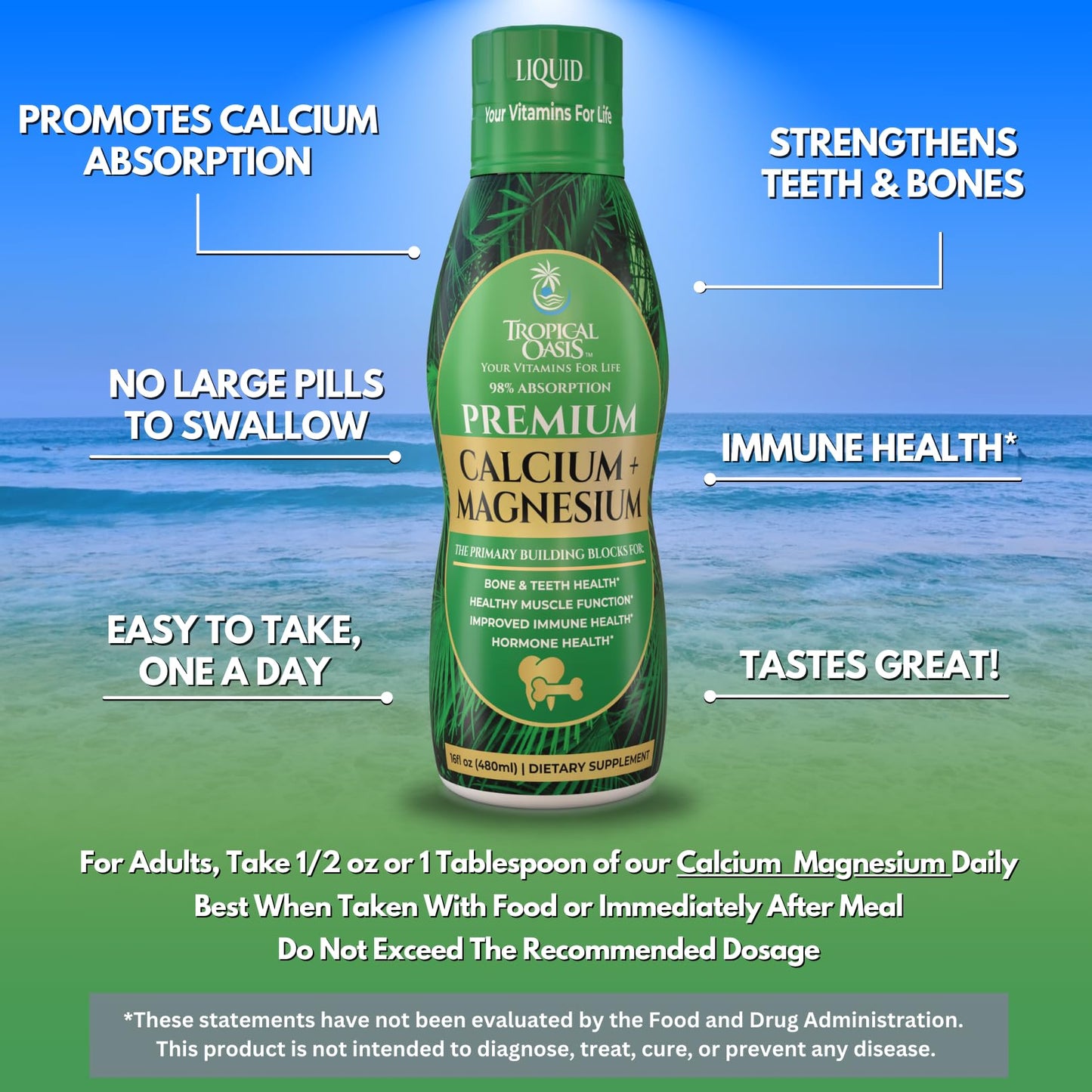Premium Liquid Calcium Magnesium Supplement | 98% Absorption | Calcium Citrate, Vitamin D3 & Boron | 16oz, 32 Servings