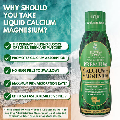 Premium Liquid Calcium Magnesium Supplement | 98% Absorption | Calcium Citrate, Vitamin D3 & Boron | 16oz, 32 Servings