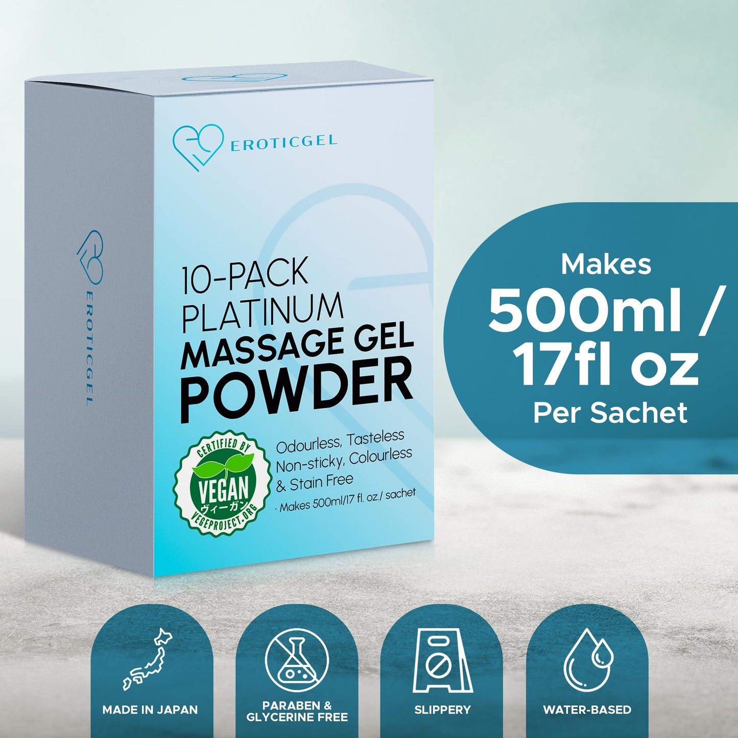 Premium Massage Gel Powder (Pack of 10) - 5g Travel Sachets, 500ml/16.9oz, Made in Japan, Paraben & Glycerine Free