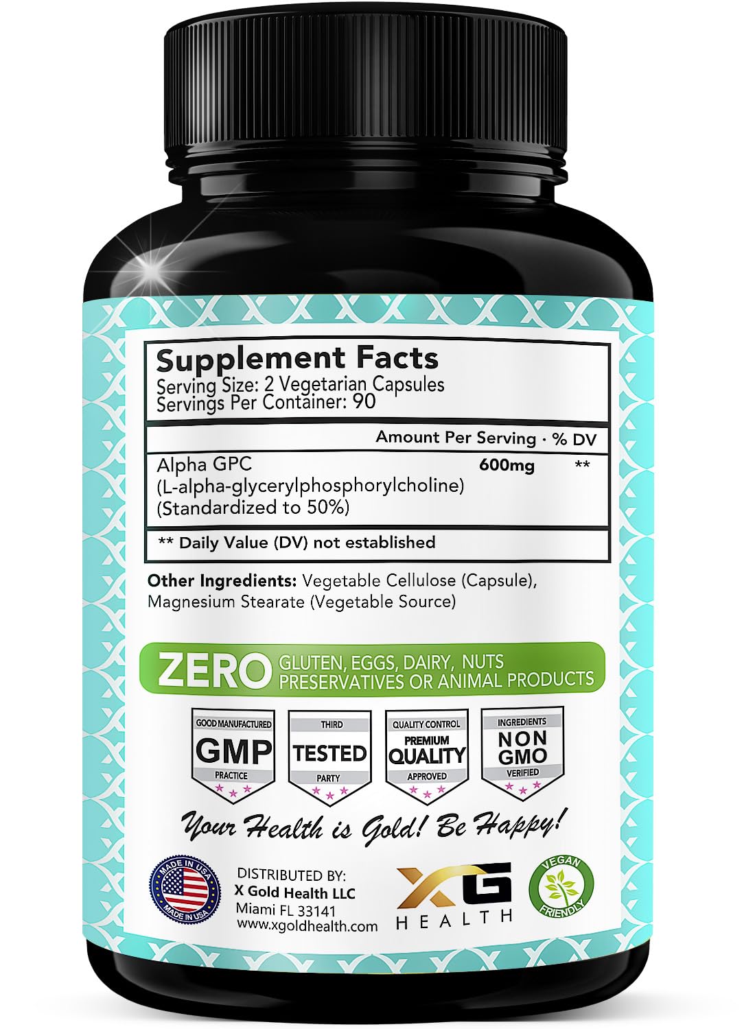 Alpha GPC Choline Supplement 600mg | 180 Veggie Capsules | High-Purity, Bioavailable Nootropic | X Gold Health