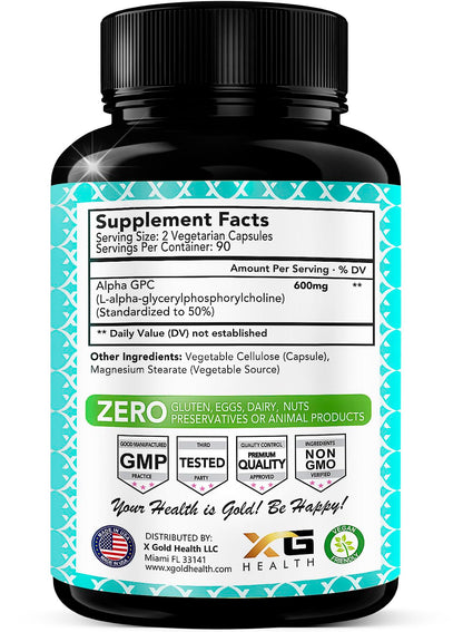 Alpha GPC Choline Supplement 600mg | 180 Veggie Capsules | High-Purity, Bioavailable Nootropic | X Gold Health