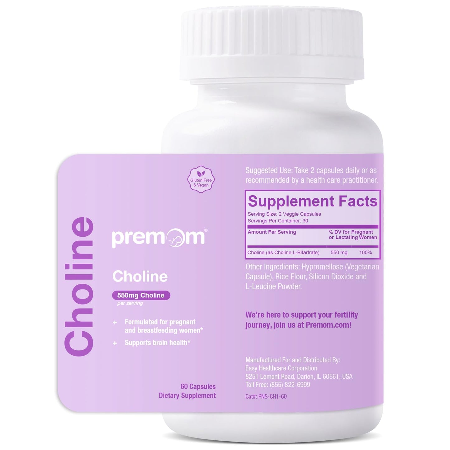 Premom Prenatal Choline Bitartrate 550mg – 60 Capsules | Prenatal Brain Support