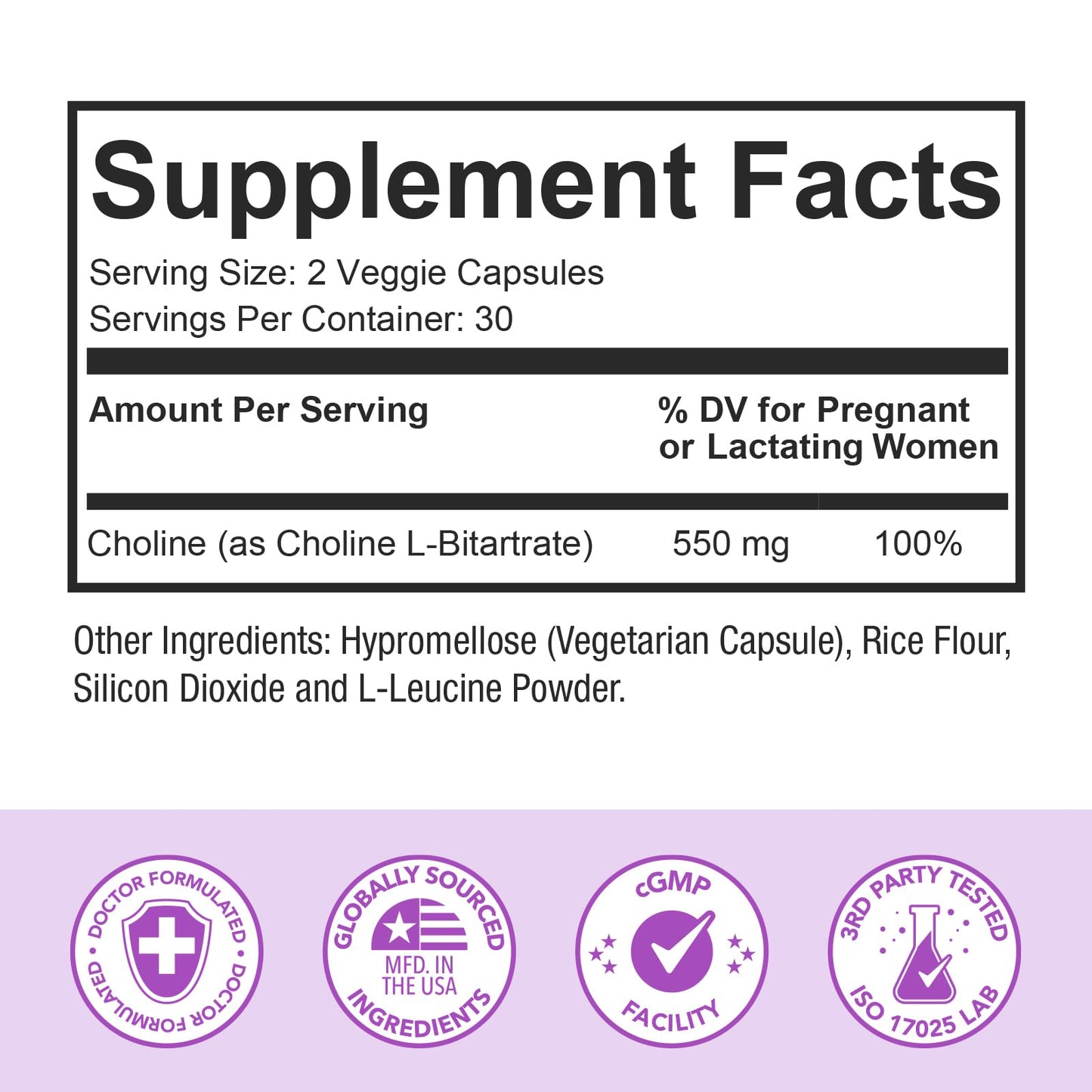 Premom Prenatal Choline Bitartrate 550mg – 60 Capsules | Prenatal Brain Support