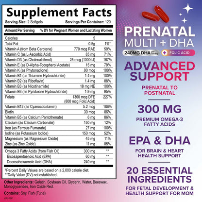 Prenatal Vitamins with Folic Acid & DHA - 240 Softgels | Omega-3 & Iron