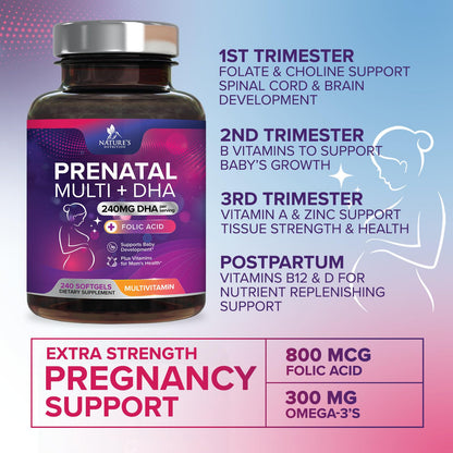 Prenatal Vitamins with Folic Acid & DHA - 240 Softgels | Omega-3 & Iron