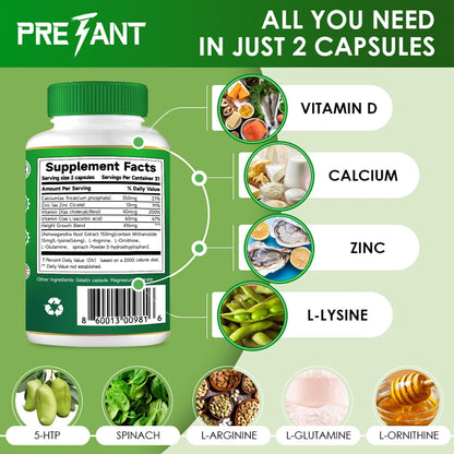 PRETANT Growth Capsules - Grow Taller Naturally with Calcium for Bone Strength