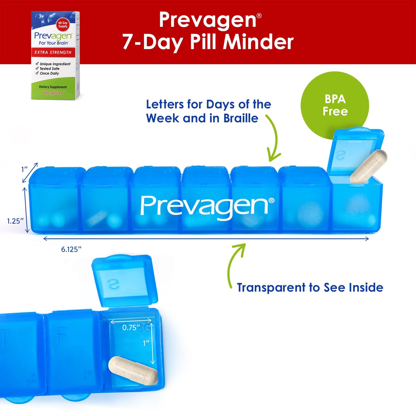 Prevagen Extra Strength - 60 Capsules (2 Month Supply) | Apoaequorin 20mg + Vitamin D3 | One Daily Capsule + 7-Day Pill Minder