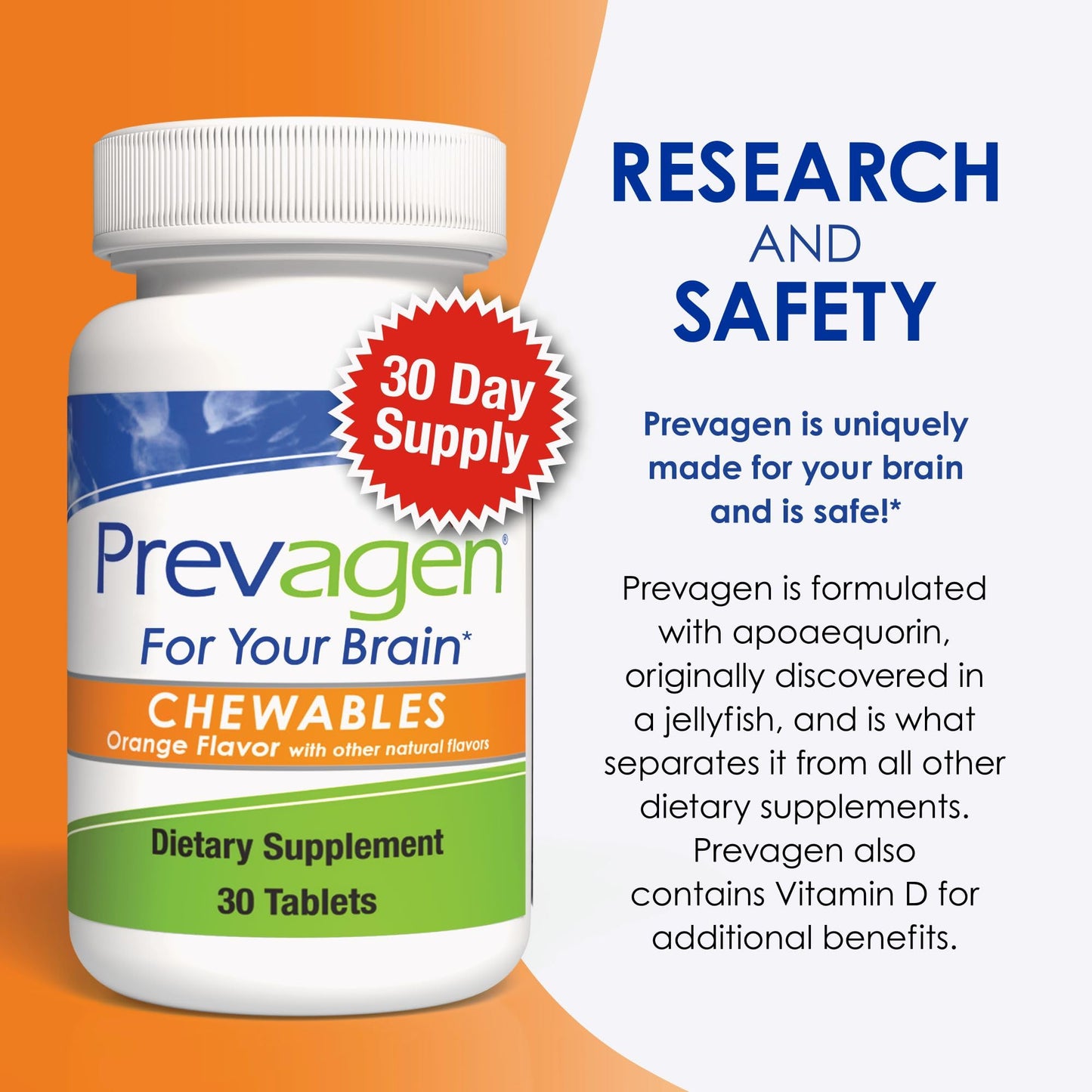 Prevagen Regular Strength Orange Chewables – 30 Tablets | Apoaequorin 10 mg + Vitamin D3