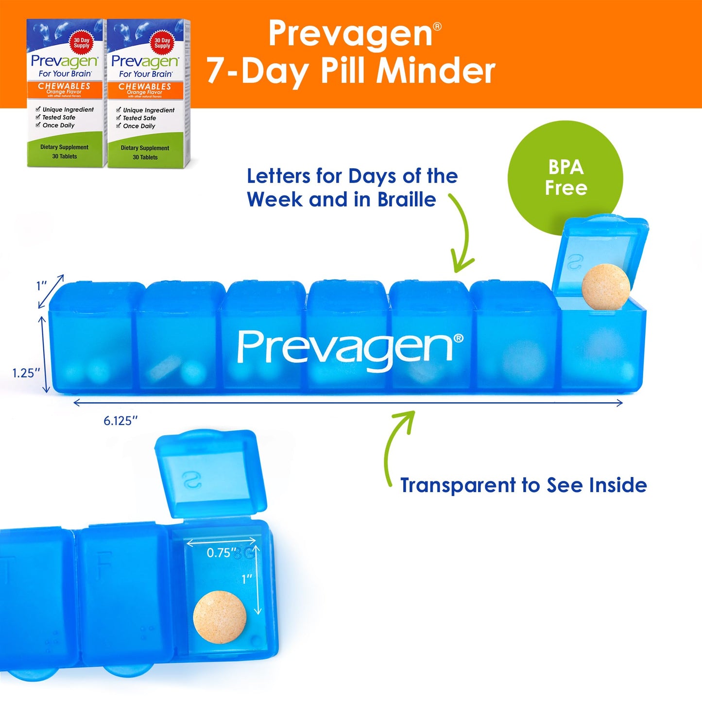 Prevagen Regular Strength Orange Chewables – 60 Tablets | 10 mg Apoaequorin + Vitamin D3 | 2-Month Supply | 7-Day Pill Minder
