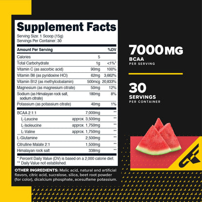 Primaforce BCAA Powder (Watermelon) - 7000MG BCAAs 2:1:1, 30 Servings