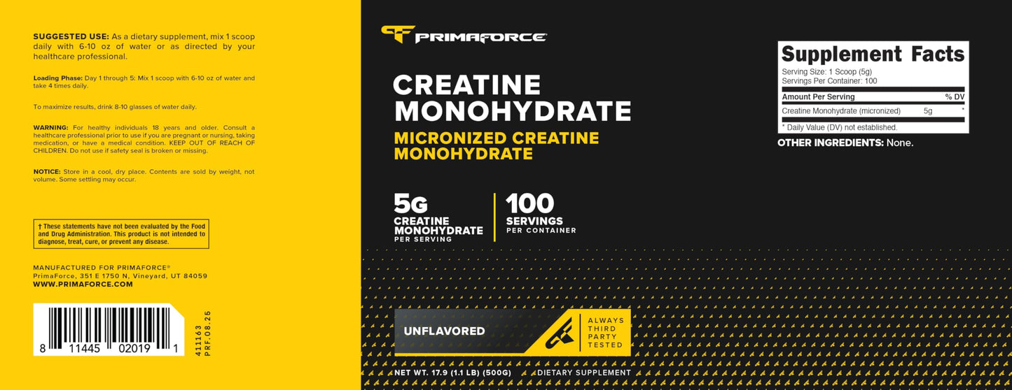 Primaforce Micronized Creatine Monohydrate Powder 500 g (1.1 lb)