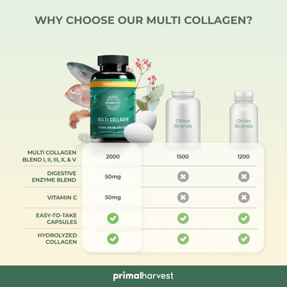 Primal Harvest Multi Collagen Pills (Type I II III V X) 120 Capsules – Hair Skin Nails