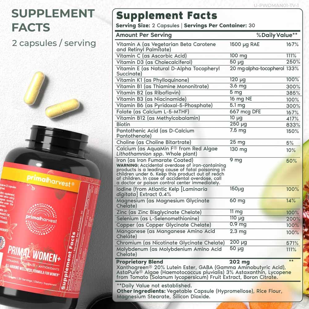 Primal Harvest Women+ Multivitamin — Energy, Immune Support, Skin Health, 60 Capsules