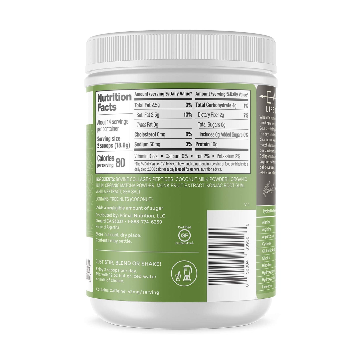 Primal Kitchen Matcha Collagen Keto Latte Powder – Sugar-Free, 9.33 oz