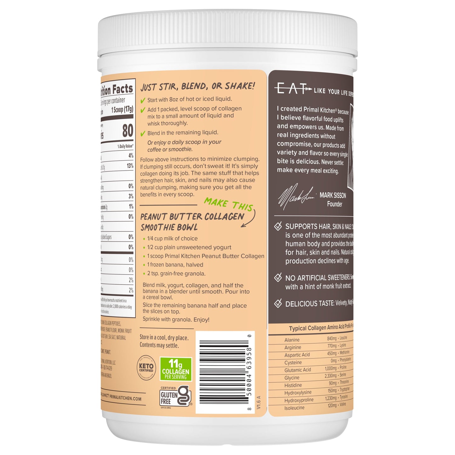 Primal Kitchen Peanut Butter Flavor Collagen Fuel Drink Mix 14.3 oz