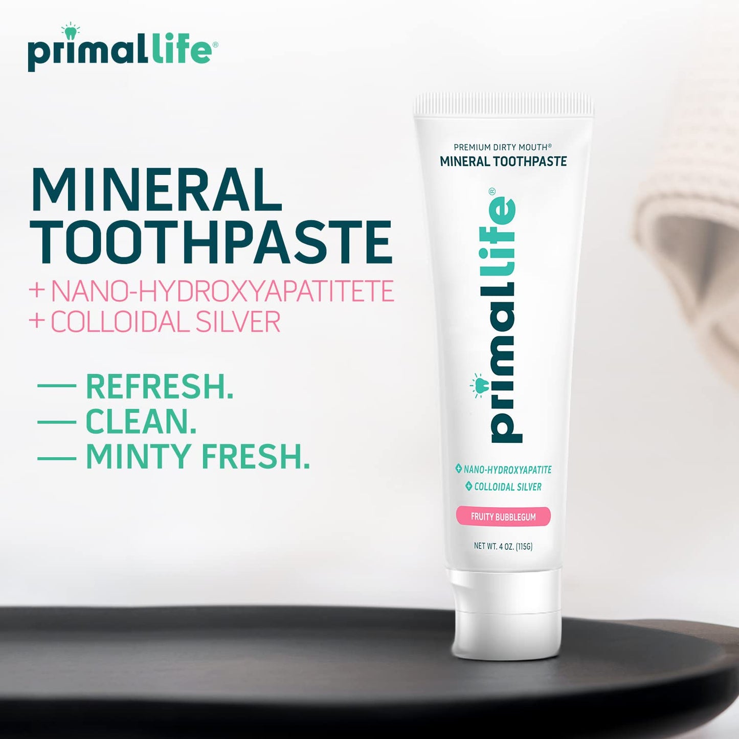 Primal Life Organics Dirty Mouth Toothpaste - Nano-Hydroxyapatite, Charcoal & Colloidal Silver (Bubblegum Flavor, 4oz)