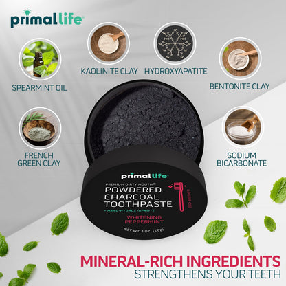 Primal Life Organics Dirty Mouth Toothpowder – Activated Charcoal with Kaolin & Bentonite Clay, Organic, Vegan, 1 oz (Black Peppermint) | 200+ Brushings