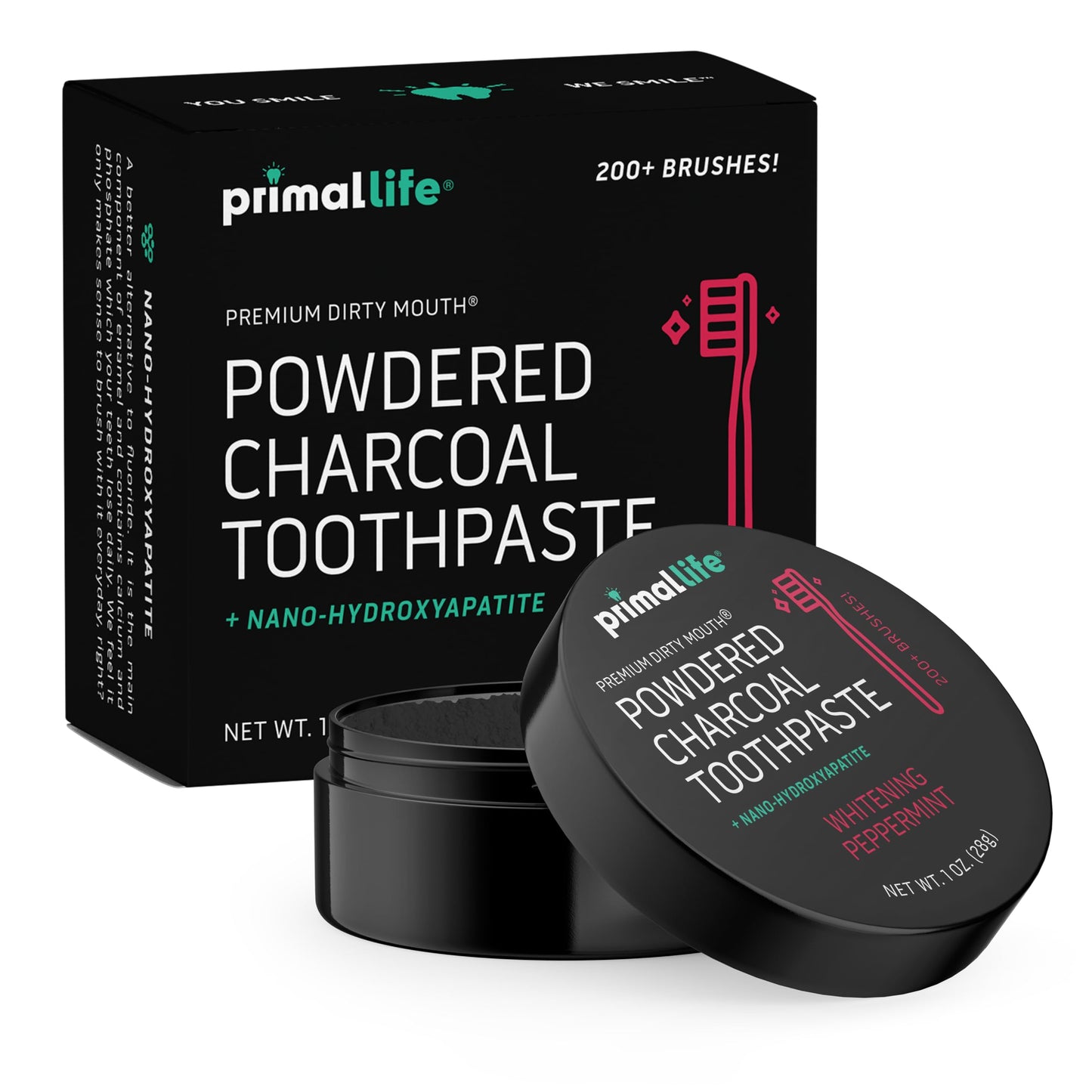 Primal Life Organics Dirty Mouth Toothpowder – Activated Charcoal with Kaolin & Bentonite Clay, Organic, Vegan, 1 oz (Black Peppermint) | 200+ Brushings