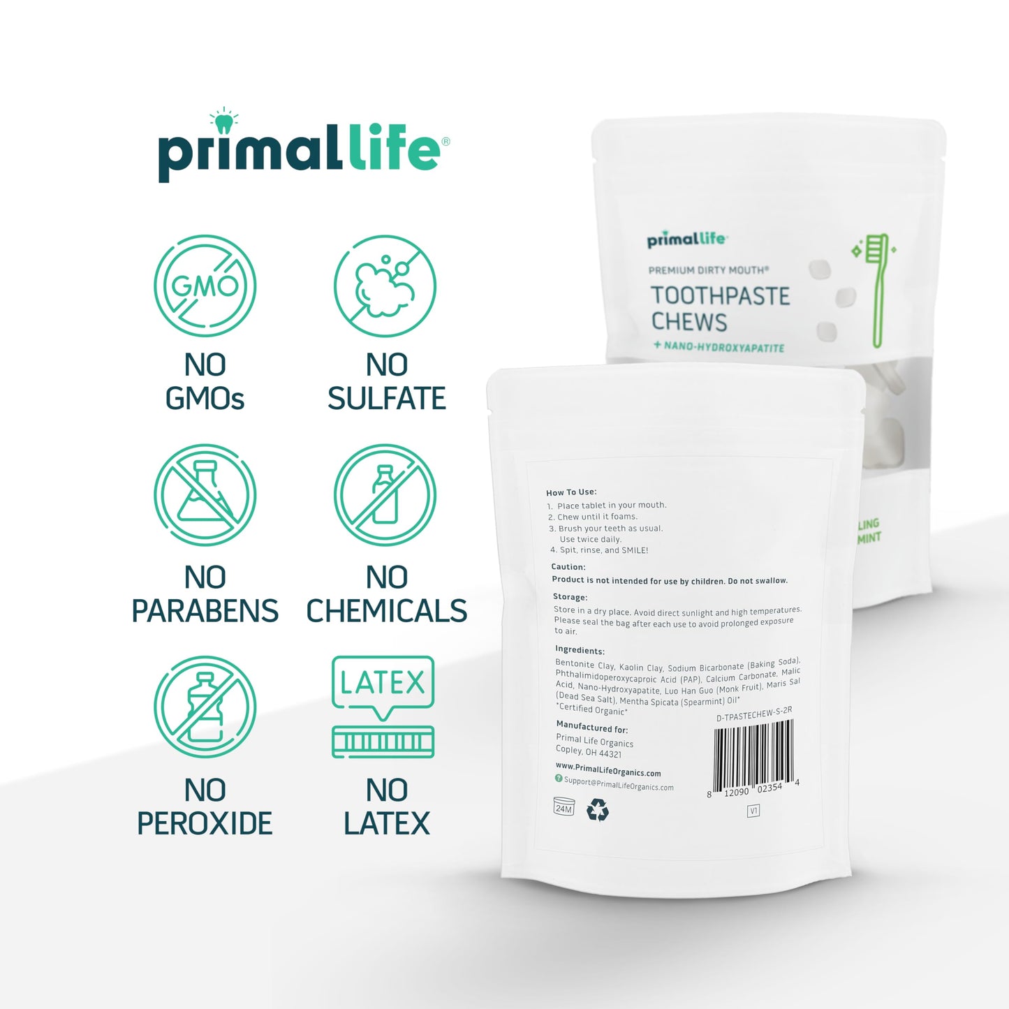 Primal Life Organics Dirty Mouth Toothpaste Chews – Nano-Hydroxyapatite Whitening, 60-Count Bag, Sparkling Spearmint