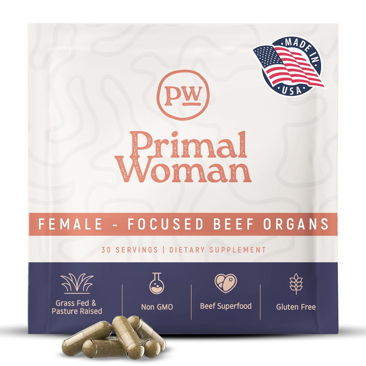 Primal Woman Beef Organ Capsules for Women — Grass-Fed Liver & Heart Support (60 Capsules)