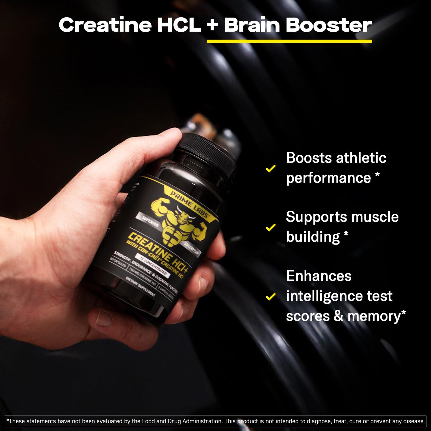Prime Labs Creatine HCl Capsules – CON-CRĒT, Rhodiola Root Extract & L-Theanine | Muscle Support, Endurance & Cognitive Function – For Men & Women – 60 Pills