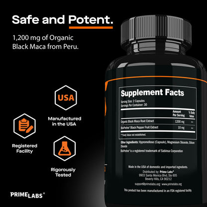 Prime Labs Organic Black Maca Root Capsules 1200mg – 60 Count | Peruvian 20:1 Extract