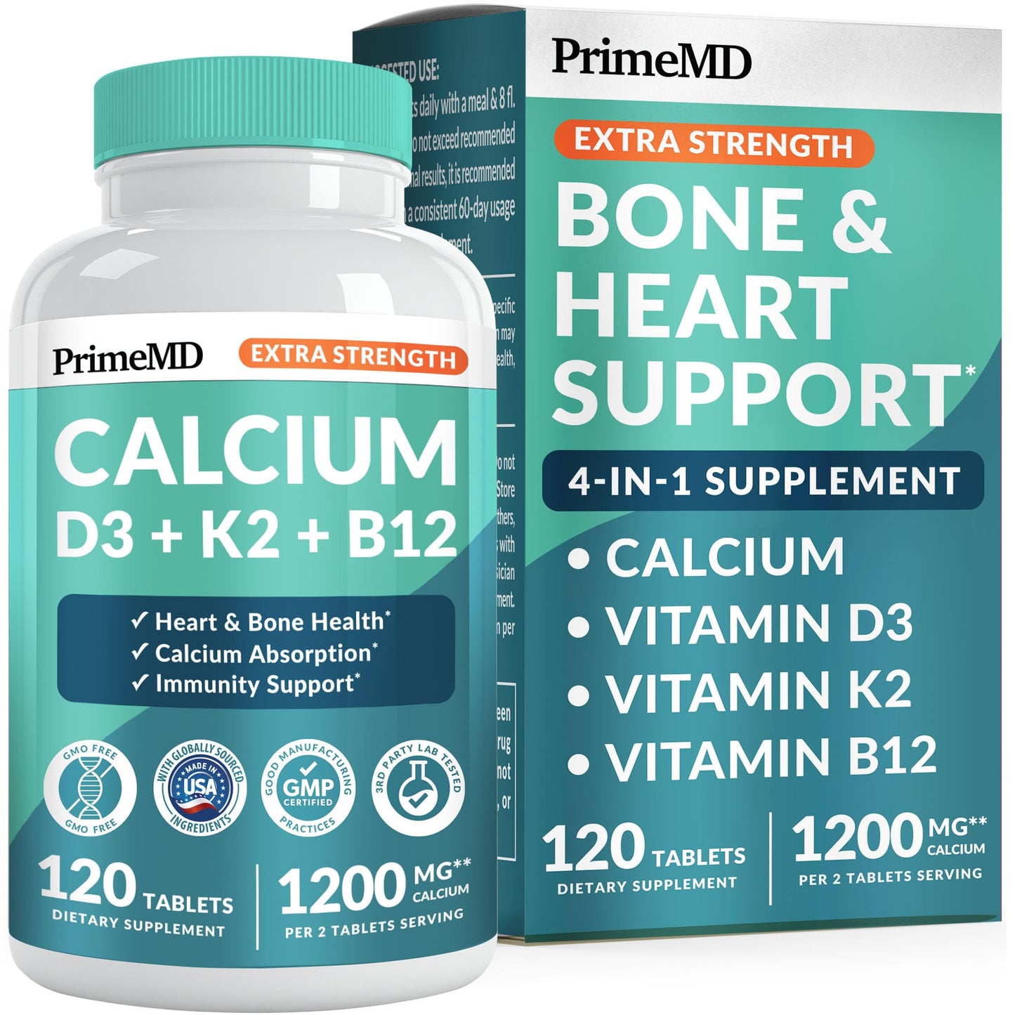 PrimeMD 4-in-1 Calcium 1200 mg with Vitamin D3 & K2 – Vegan Supplement (120 Count)
