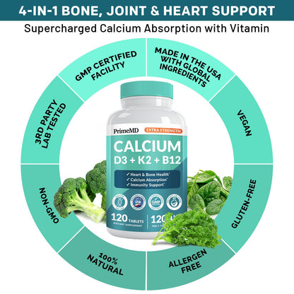 PrimeMD 4-in-1 Calcium 1200 mg with Vitamin D3 & K2 – Vegan Supplement (120 Count)