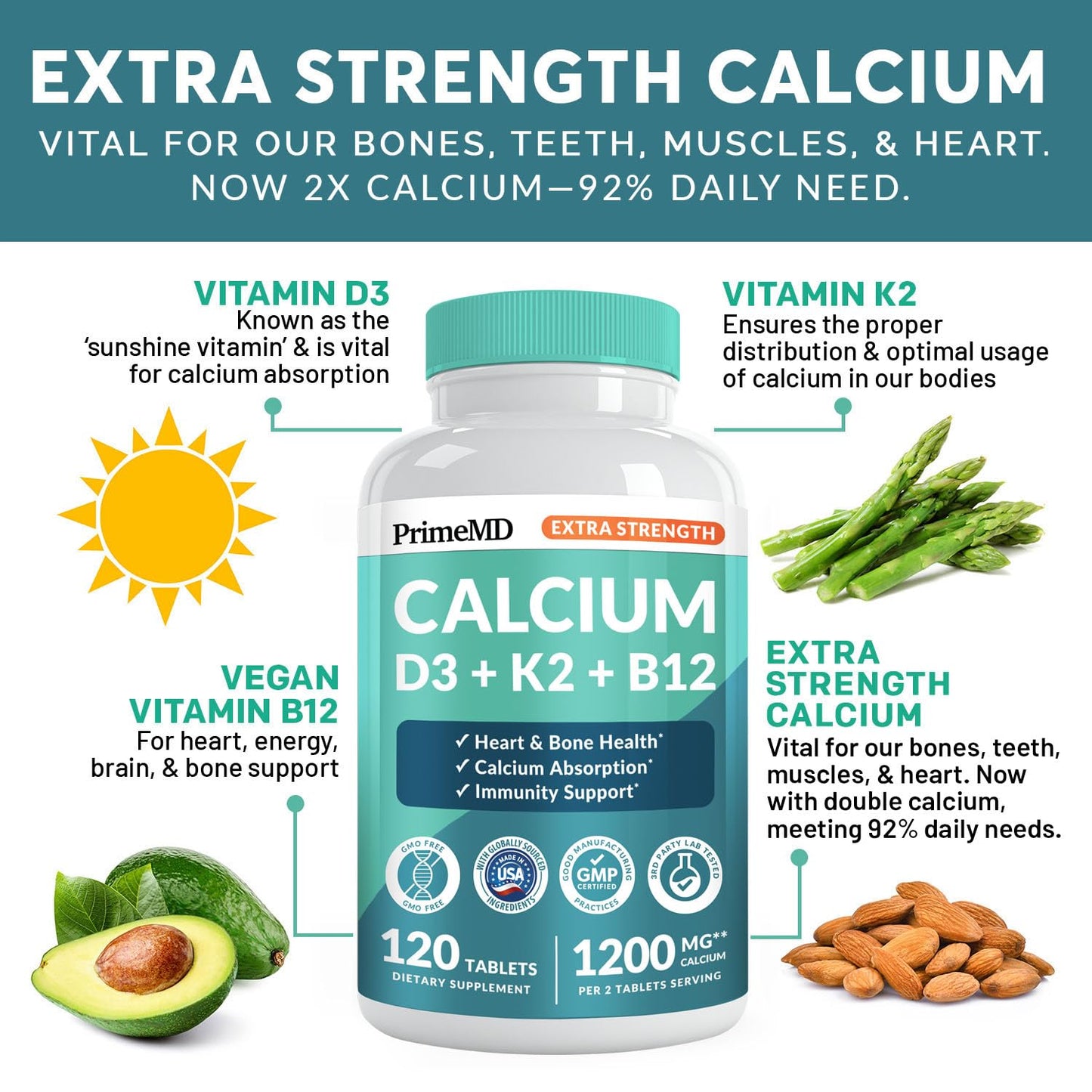 PrimeMD 4-in-1 Calcium 1200 mg with Vitamin D3 & K2 – Vegan Supplement (120 Count)