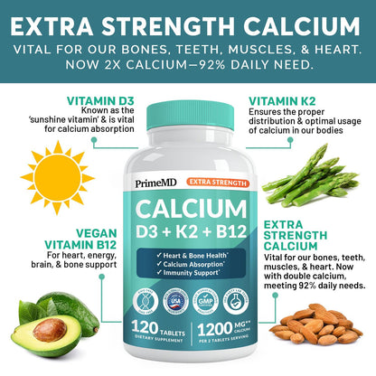 PrimeMD 4-in-1 Calcium 1200 mg with Vitamin D3 & K2 – Vegan Supplement (120 Count)
