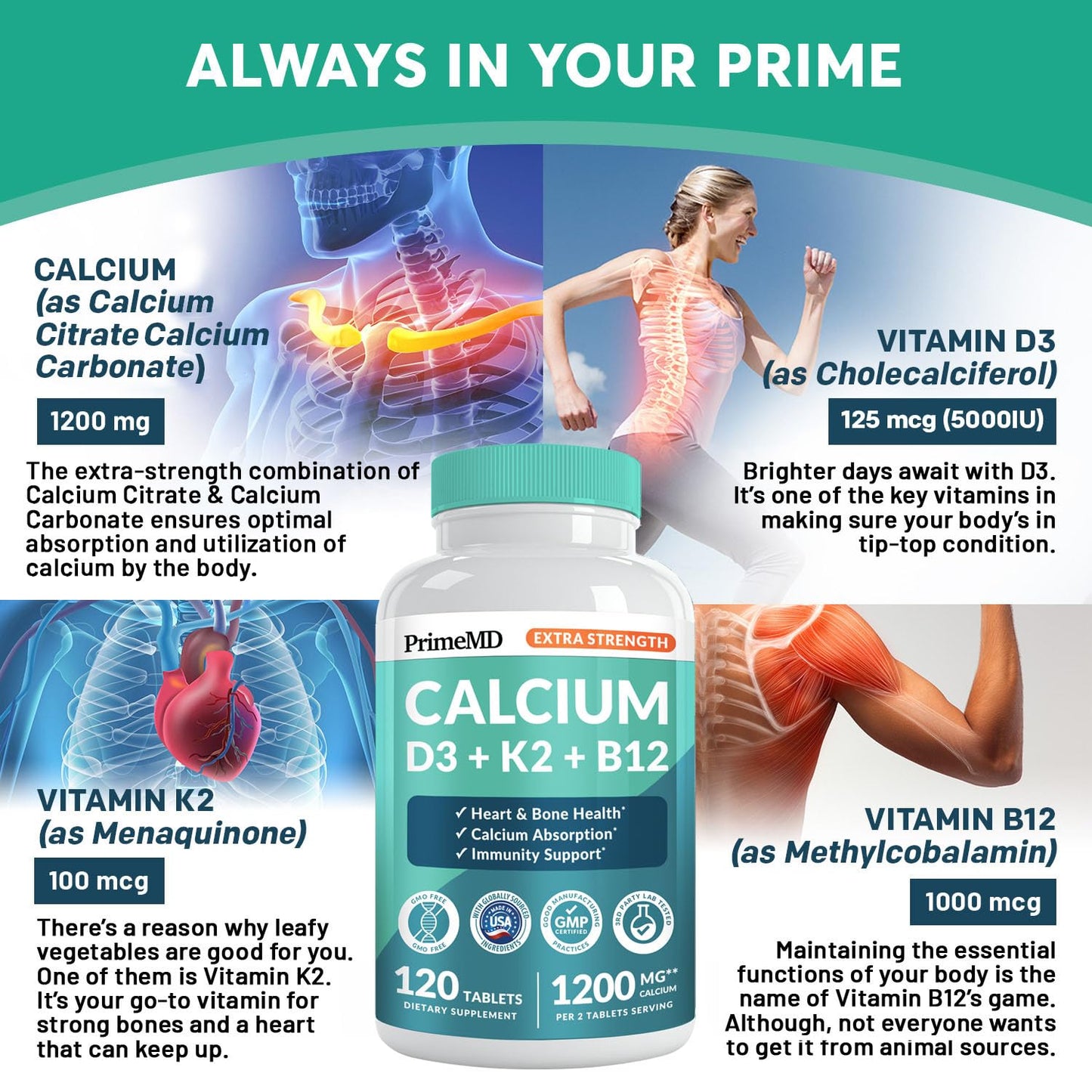 PrimeMD 4-in-1 Calcium 1200 mg with Vitamin D3 & K2 – Vegan Supplement (120 Count)