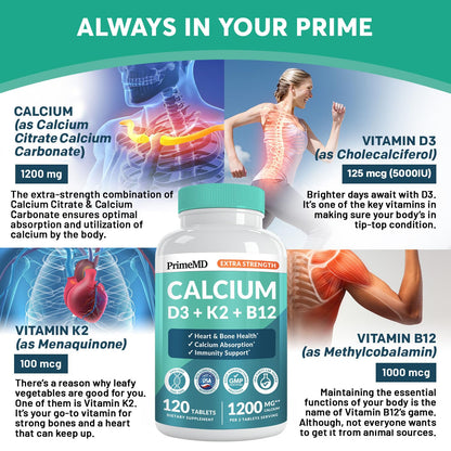 PrimeMD 4-in-1 Calcium 1200 mg with Vitamin D3 & K2 – Vegan Supplement (120 Count)