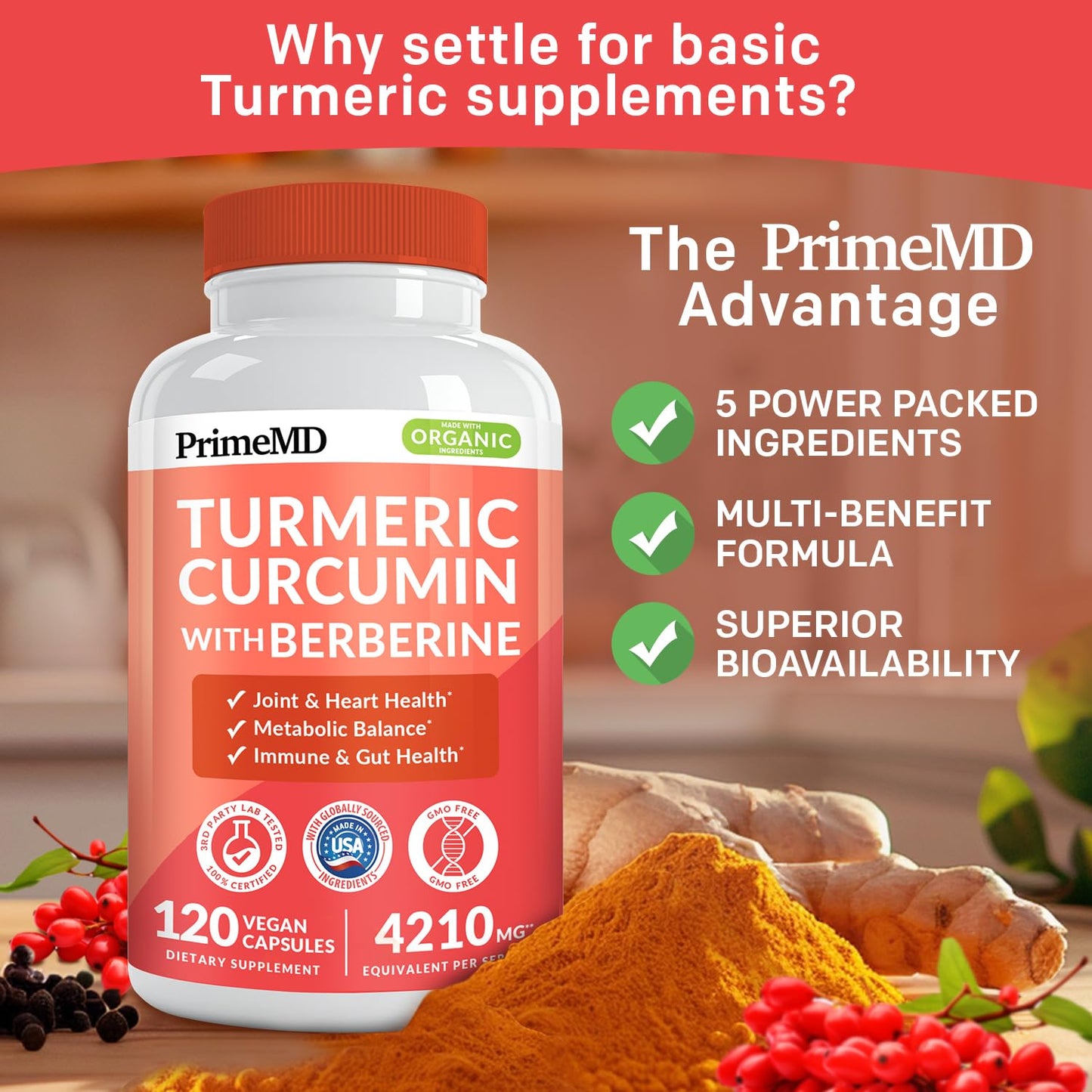 PrimeMD 5-in-1 Organic Turmeric Curcumin + Berberine & Cinnamon (4210mg) – 120 ct Pack of 4