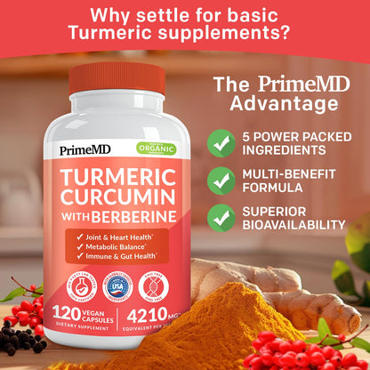 PrimeMD 5-in-1 Organic Turmeric Curcumin + Berberine & Cinnamon (4210mg) – 120 ct Pack of 4