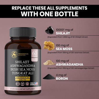 PRIMEBIOTICS All-in-1 Shilajit Supplement with Ashwagandha – 60 Capsules