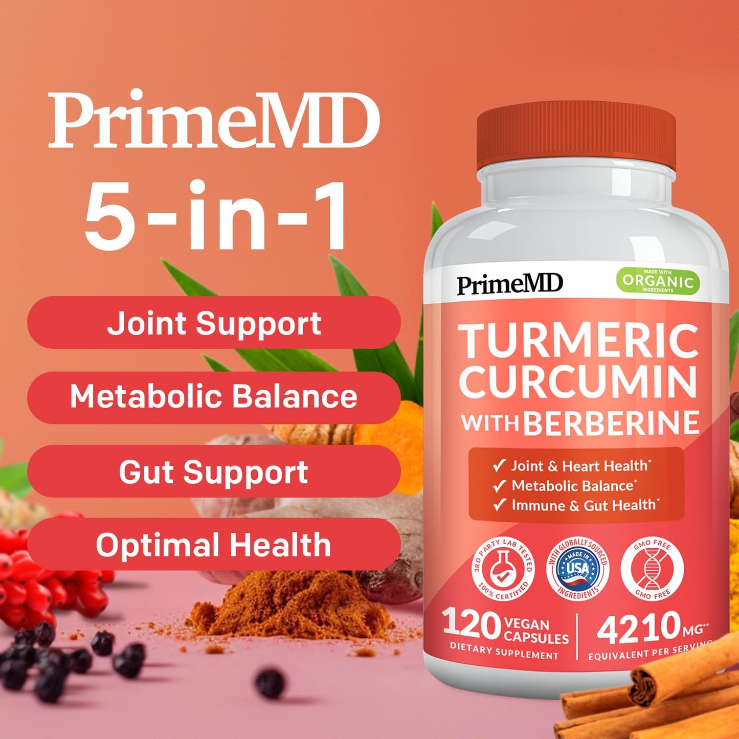 PrimeMD 5-in-1 Organic Turmeric Curcumin with Berberine & Bioperine – 120 ct (Pack of 3)