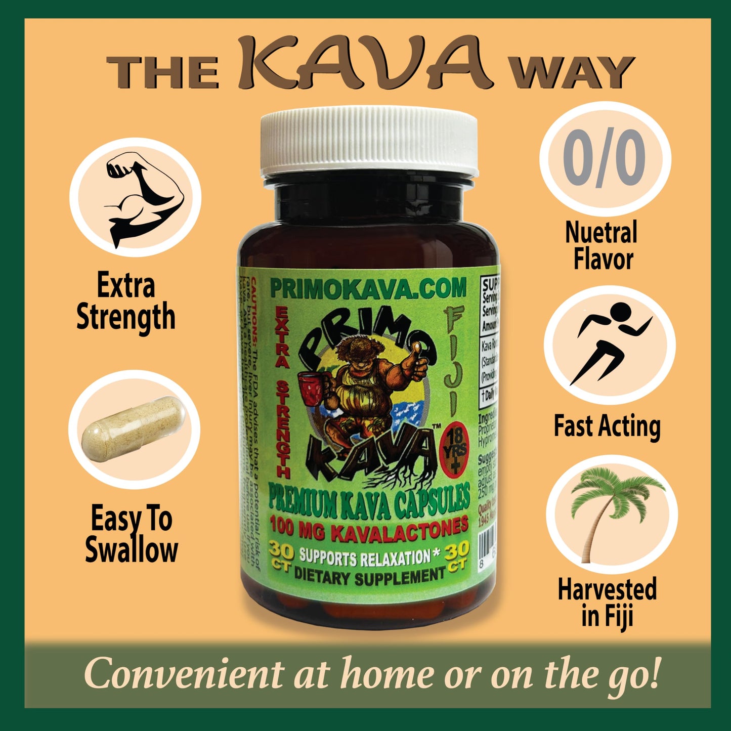 PRIMO KAVA Kava Capsules – Authentic Fiji Kava | 100mg Kavalactones | 30 Count