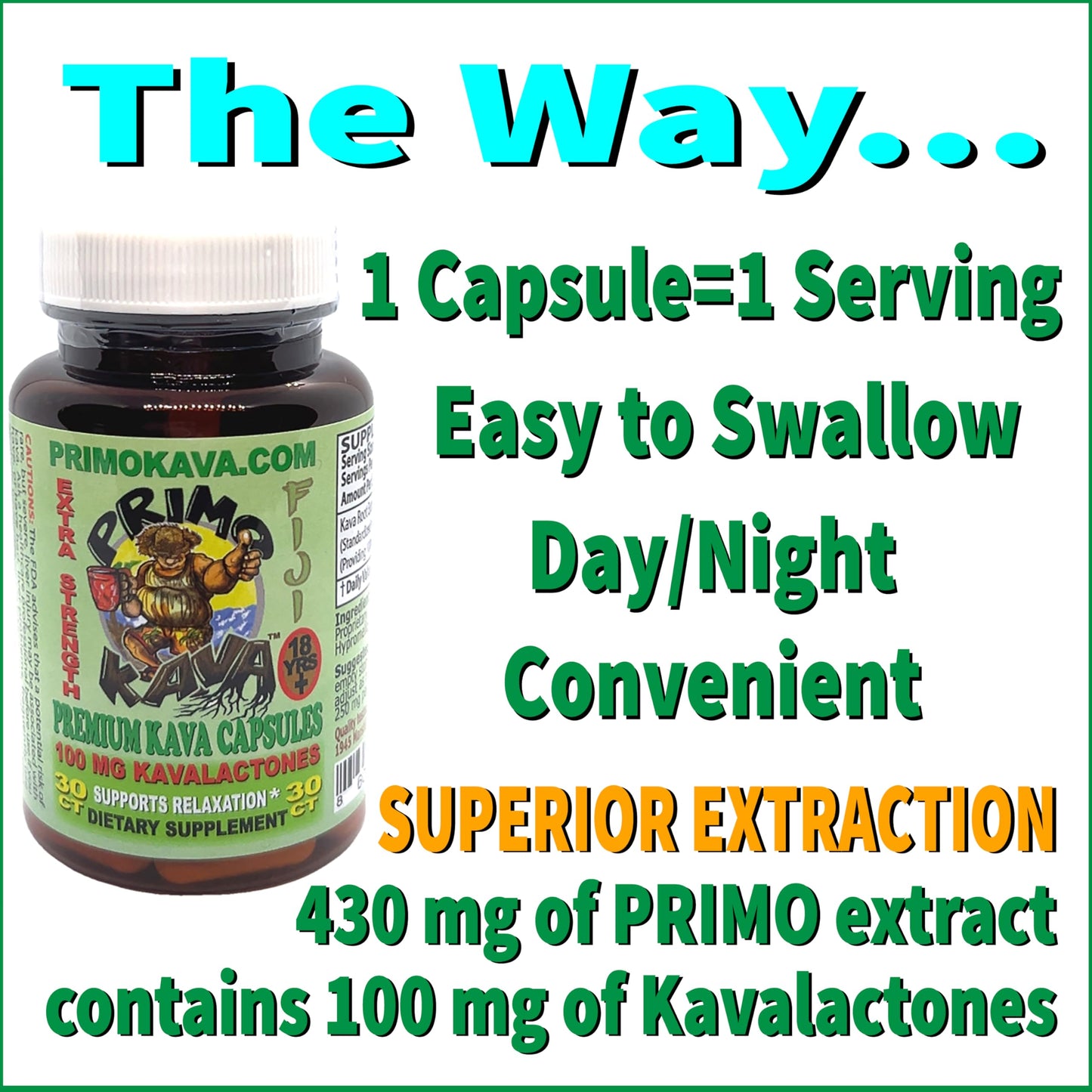 PRIMO KAVA Kava Capsules – Authentic Fiji Kava | 100mg Kavalactones | 30 Count