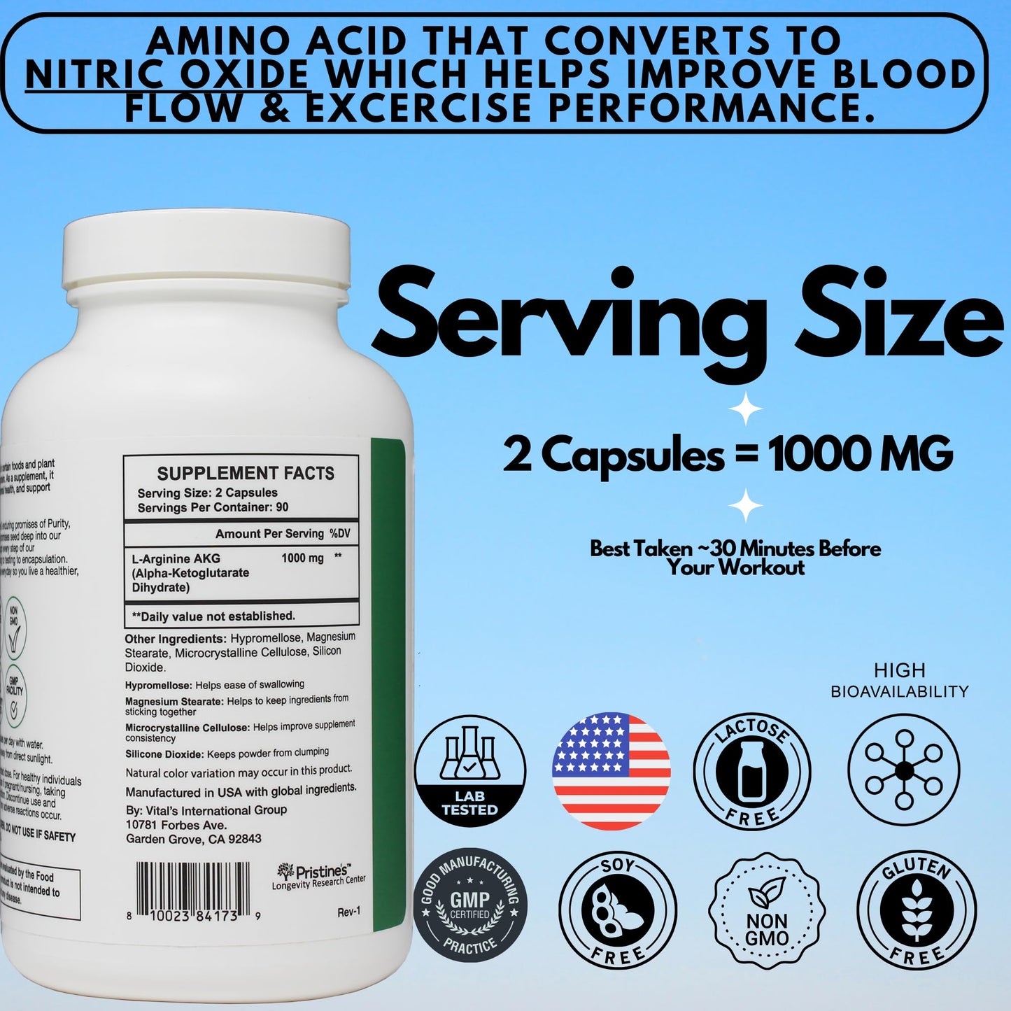 PRISTINE'S L Arginine 1000mg Capsules | 90 Day Supply | Nitric Oxide & Pre-Workout