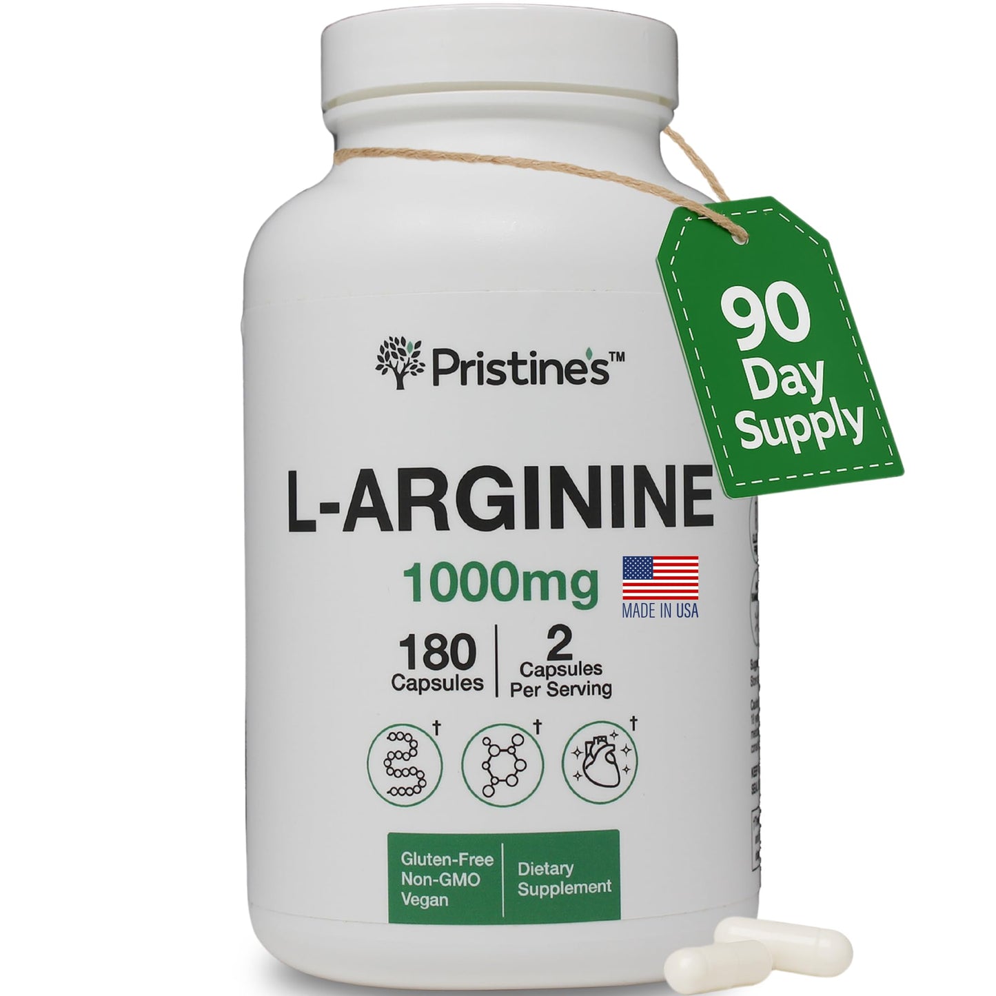 PRISTINE'S L Arginine 1000mg Capsules | 90 Day Supply | Nitric Oxide & Pre-Workout
