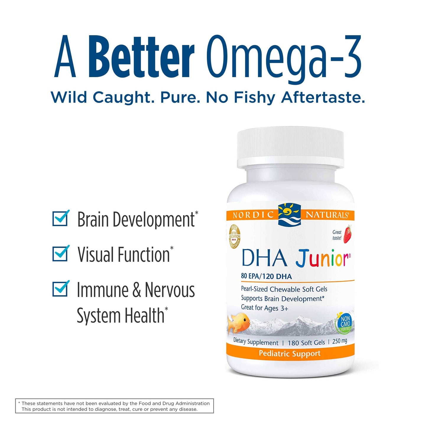 Nordic Naturals Pro DHA Junior Strawberry – 180 Mini Chewables, 250 mg Omega-3s, Brain & Visual Support – Non-GMO