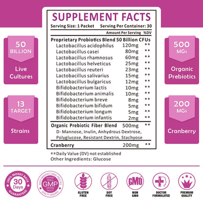 Probiorics for Women Probiotics Powder – 50B CFUs, 13 Strains, Prebiotics & Cranberry | 30-Day Supply