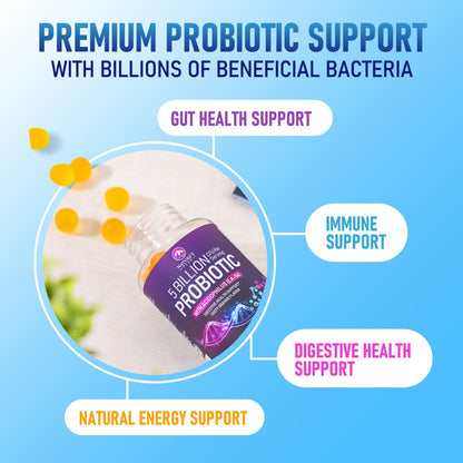 Probiotic Gummies 5 Billion CFU - 60 Count Orange Flavor | Digestive Health & Immune Support