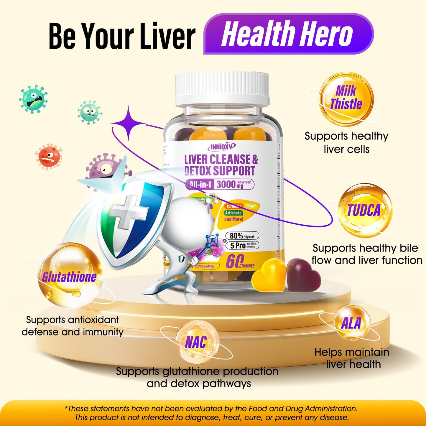 INNIOXV Liver Cleanse Detox Gummies - 29-in-1 Milk Thistle 1500mg, Vegan NAC TUDCA | 60 ct