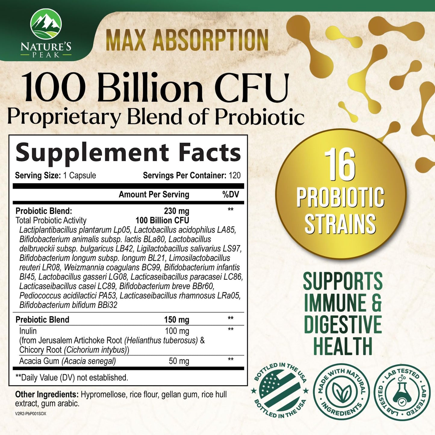 Probiotics 100 Billion CFU - 16 Strains + Prebiotics | 120 Capsules