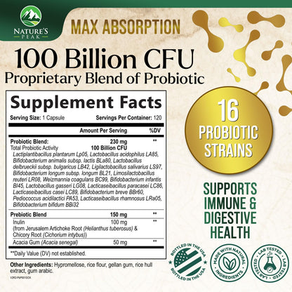 Probiotics 100 Billion CFU - 16 Strains + Prebiotics | 120 Capsules
