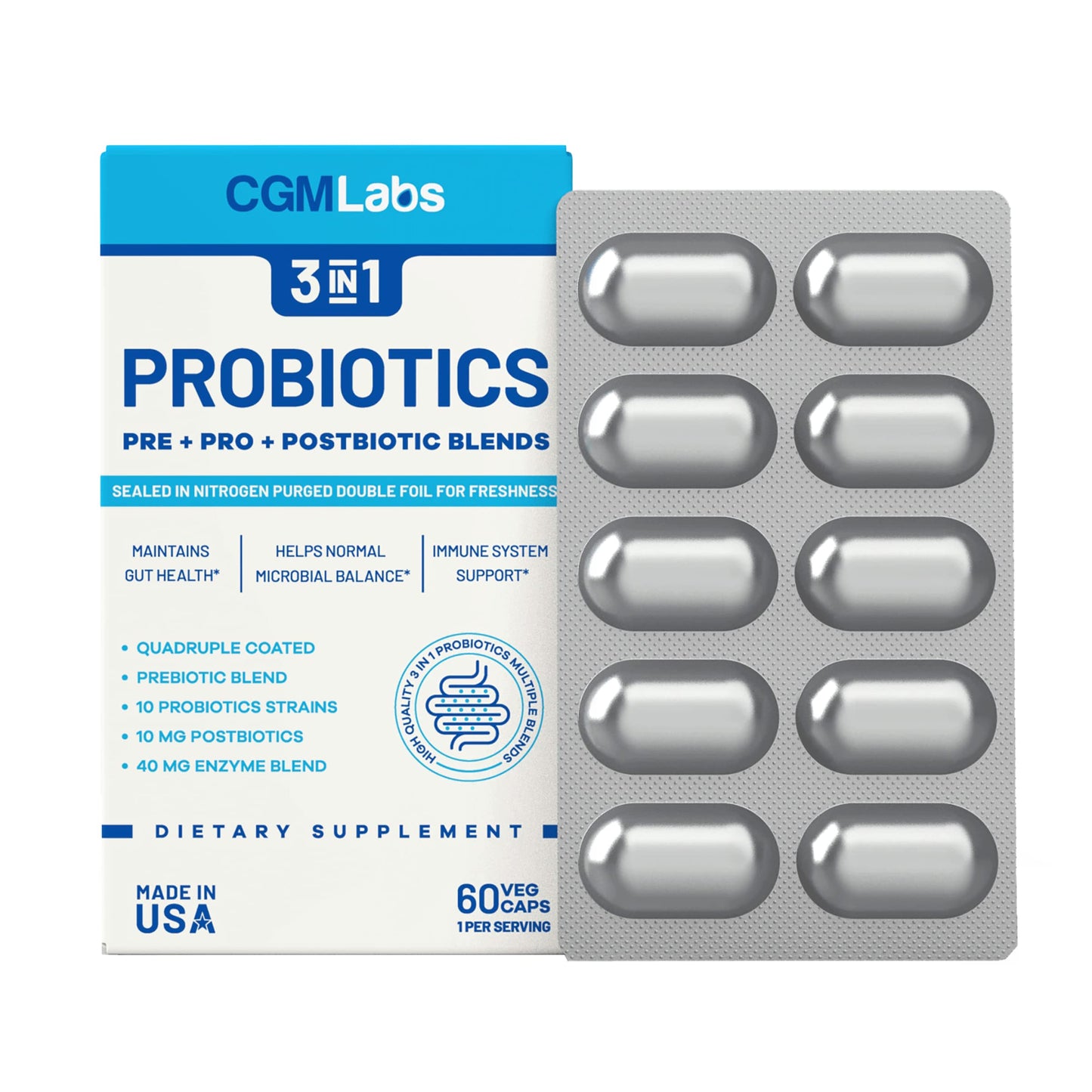 Probiotics 3 in 1: Prebiotics + Probiotics + Postbiotics | 60 Veg Caps | CGM Labs