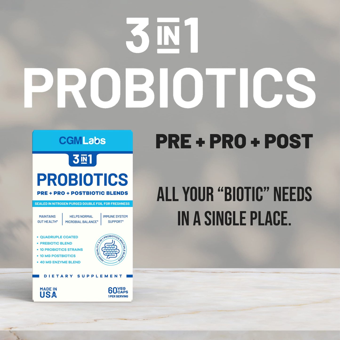 Probiotics 3 in 1: Prebiotics + Probiotics + Postbiotics | 60 Veg Caps | CGM Labs
