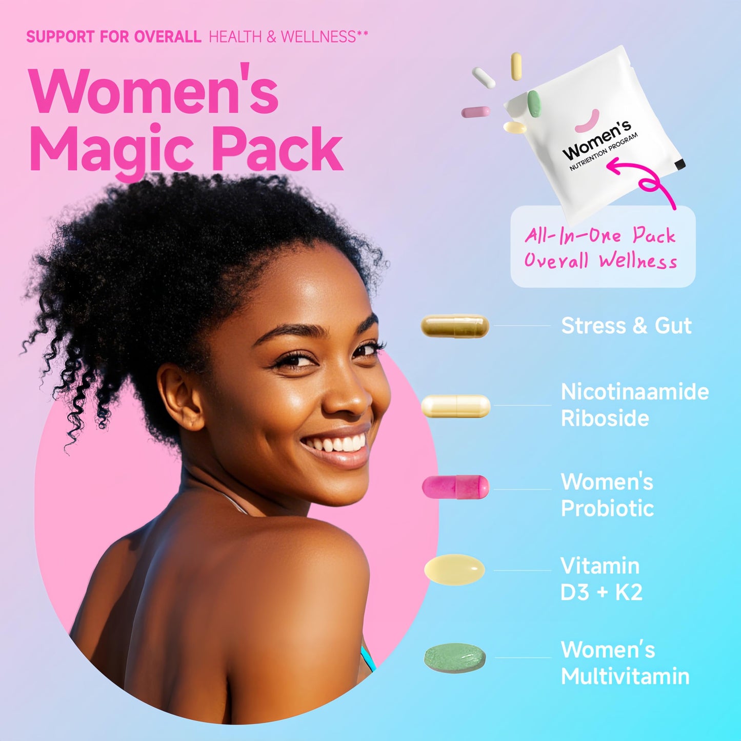 Women's Daily Vitamin Packs – All-in-One Multivitamin with Probiotics, D3+K2, NR1000 & Ashwagandha