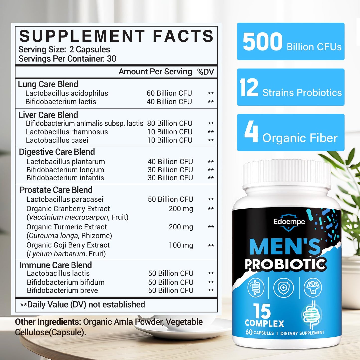 Probiotics for Men - 500B CFU, 12 Strains, Gut & Digestive Health, Energy, Prostate & Urinary Support | 60 Caps